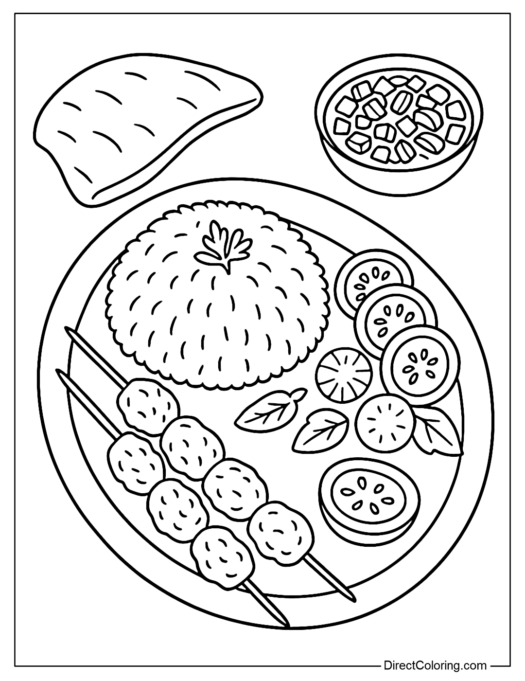 Coloring page of Iranian food platter with turmeric rice, kebab, salad and bread.